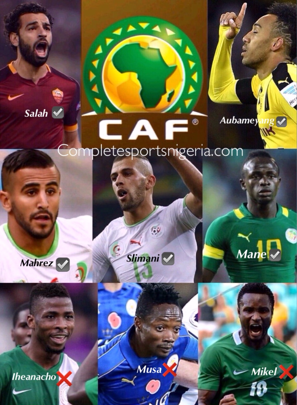 Slimani, Mahrez, Aubameyang, Mane Up For Glo-CAF Award; Mikel, Musa Snubbed