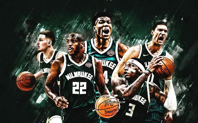 Painted artwork of the Milwaukee Bucks basketball team