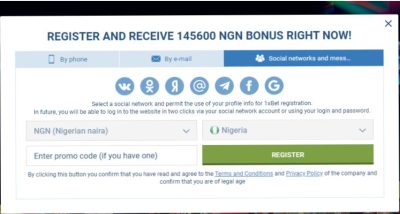1xBet Registration by Social Media