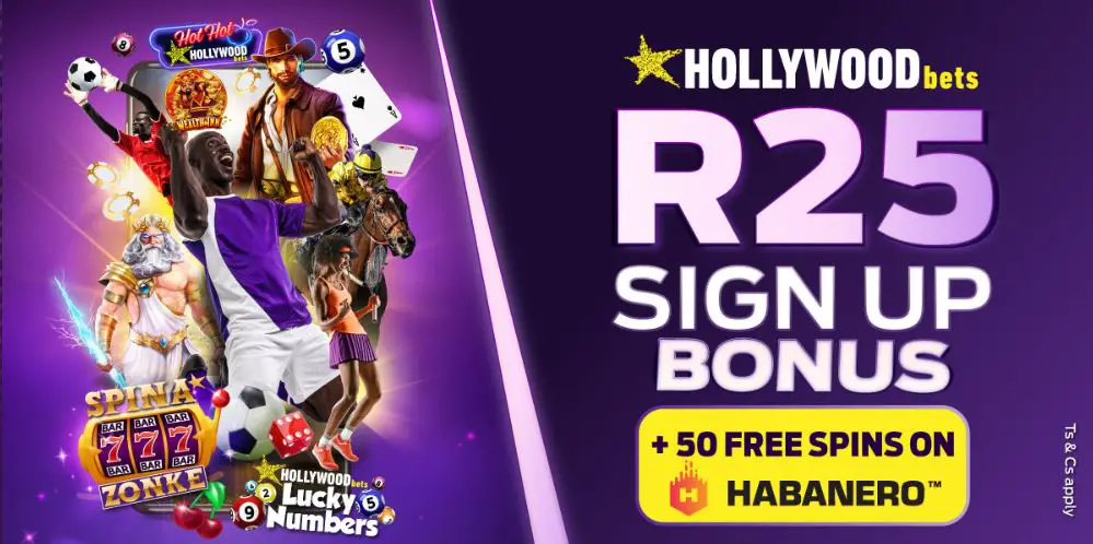 Hollywoodbets Registreer Online inloggen: R25 bonus + 50 gratis spins op Spina Zonke