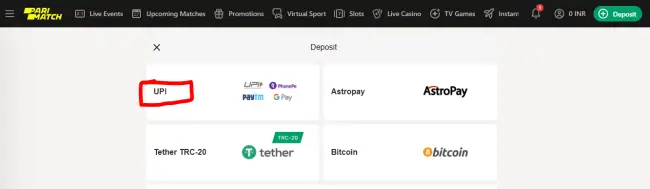 How to deposit on parimatch using UPI