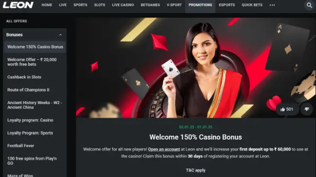 Leon Casino Welcome Bonus: 150% up to 60,000 INR