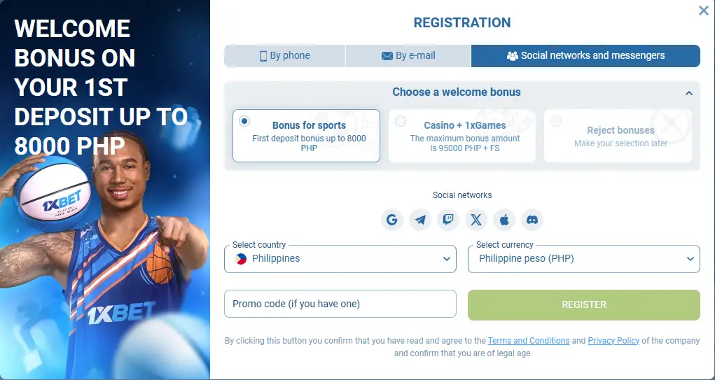 1xBet Promo Code PH Registration Social Media Messenger