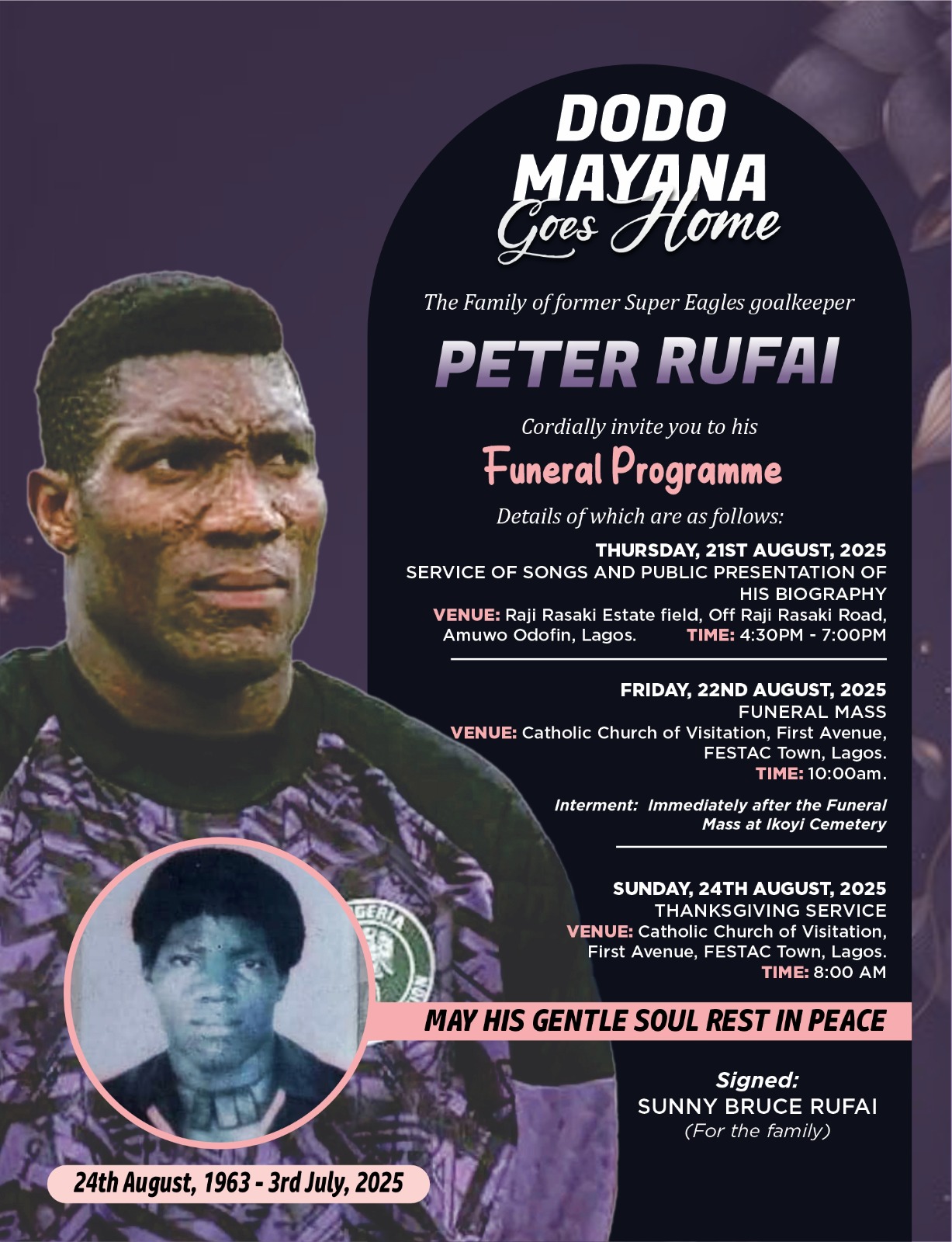Funeral programme of former Super Eagles goalkeeper Peter Rufai (1963–2025)