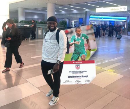 NPFL: Ex-Eagles Winger Uzoenyi Earns Coaching Badge In USA, Begins New Career Path Ejike Uzoenyi celebrates has bagged coaching badge in the USA