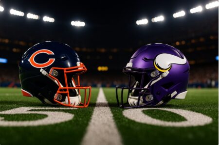 Chicago Bears vs Minnesota Vikings helmets at midfield under Monday night lights