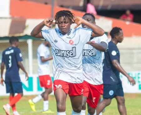 Abia Warriors' Emeka Obiọma celebrate his goal against Barau FC at Umuahia Township Stadium. Coach Imama Amapakabo wants higher conversion rate from his team.