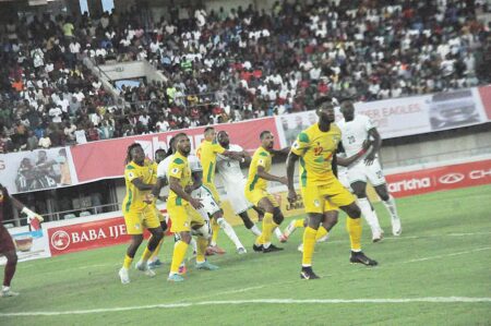 Super Eagles players celebrate after beating Benin Republic 4–0 in 2026 World Cup qualifier