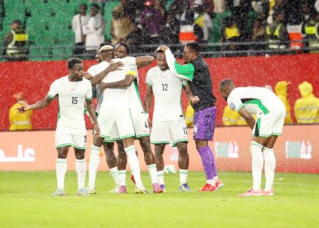 Victor Osimhen and Super Eagles teammates celebrate a goal vs The Leopards of DR Congo during 2026 World Cup African play-offs Final in Rabat