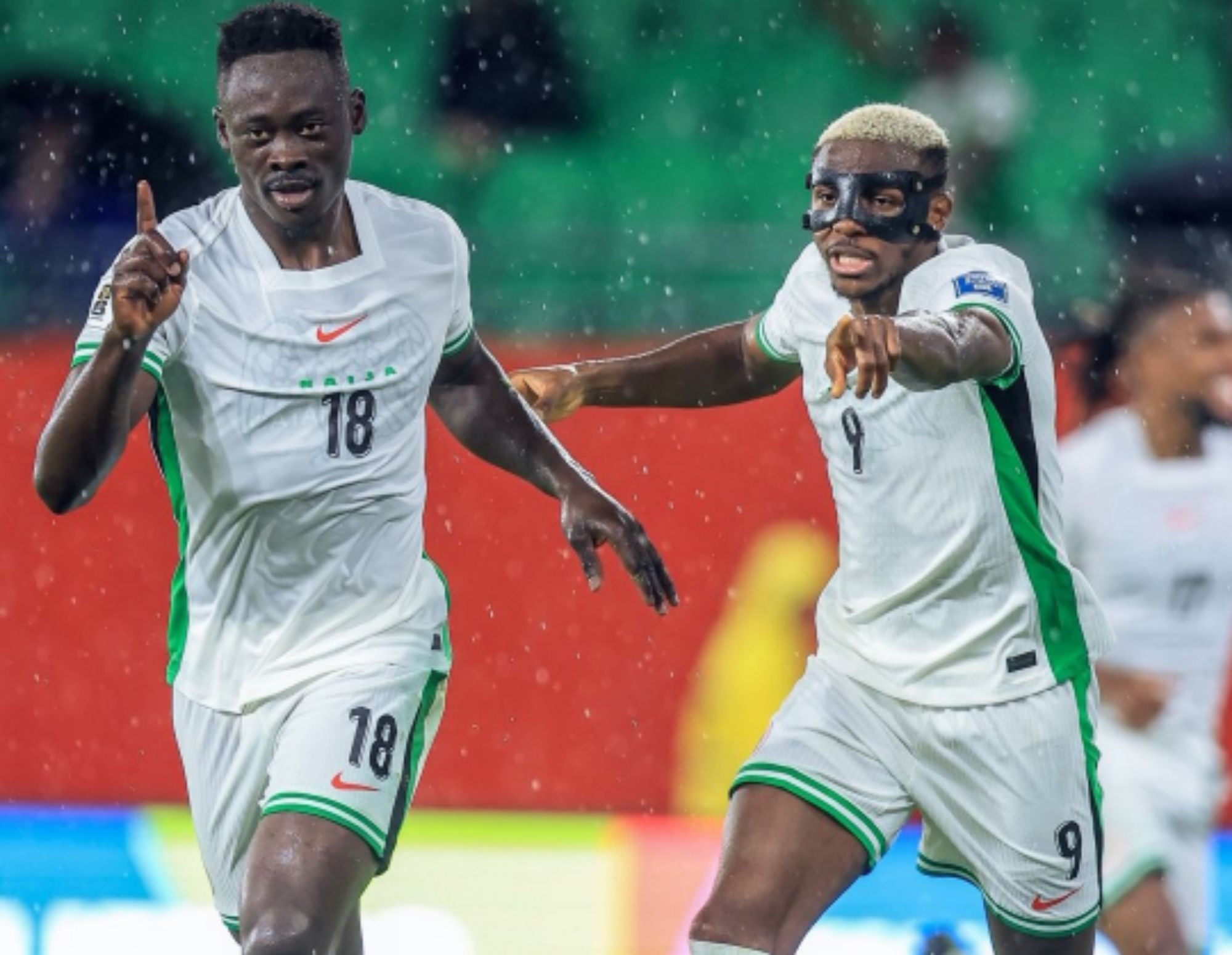 Super Eagles duo, Akor Adams and Victor Osimhen, celebrate a goal against Gabon