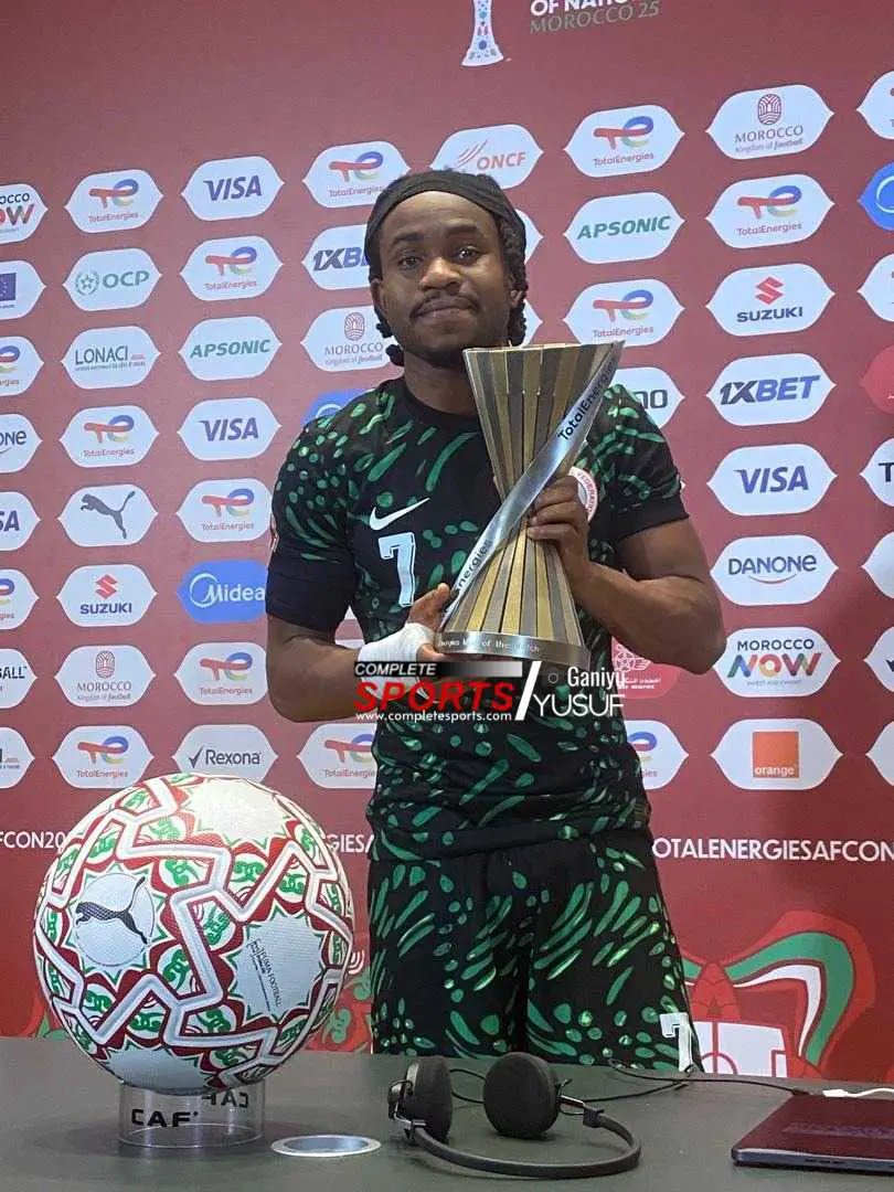 AFCON 2025: Ademola “Dangerous” Lookman proudly showing off his Man-of-the-Match trophy after assisting two goals and scoring one in the game against Tunisia