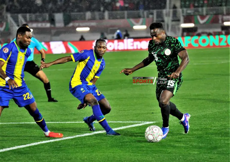 Super Eagles' winger Moses Simon outwits Tanzanian opponents during their AFCON 2025 Group C Match in Fez