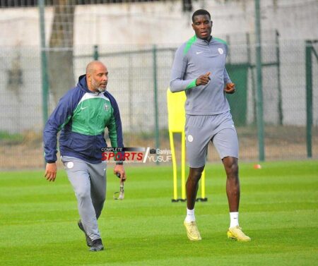 AFCON 2025: Super Eagles To Have Closed Door Training Sessions Ahead Mozambique Clash AFCON 2025: Striker Paul Onuachu and Coach Eric Chelle at the Eagles training ground. Onuachu was nominated with others to speak to journalists at the training mixed zone.