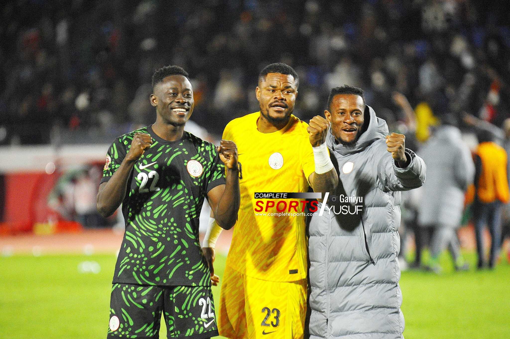AFCON 2025: Super Eagles match hero Stanley Nwabali (middle) celebrating with his teammates after Nigeria emerged victorious against Egypt