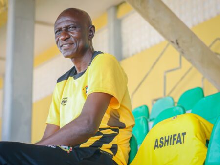 NPFL: Kwara United Coach Ashifat Backs Harmony Boys To Bounce Back Despite Goal Drought Kwara United head coach Suleiman Ashifat during an NPFL match