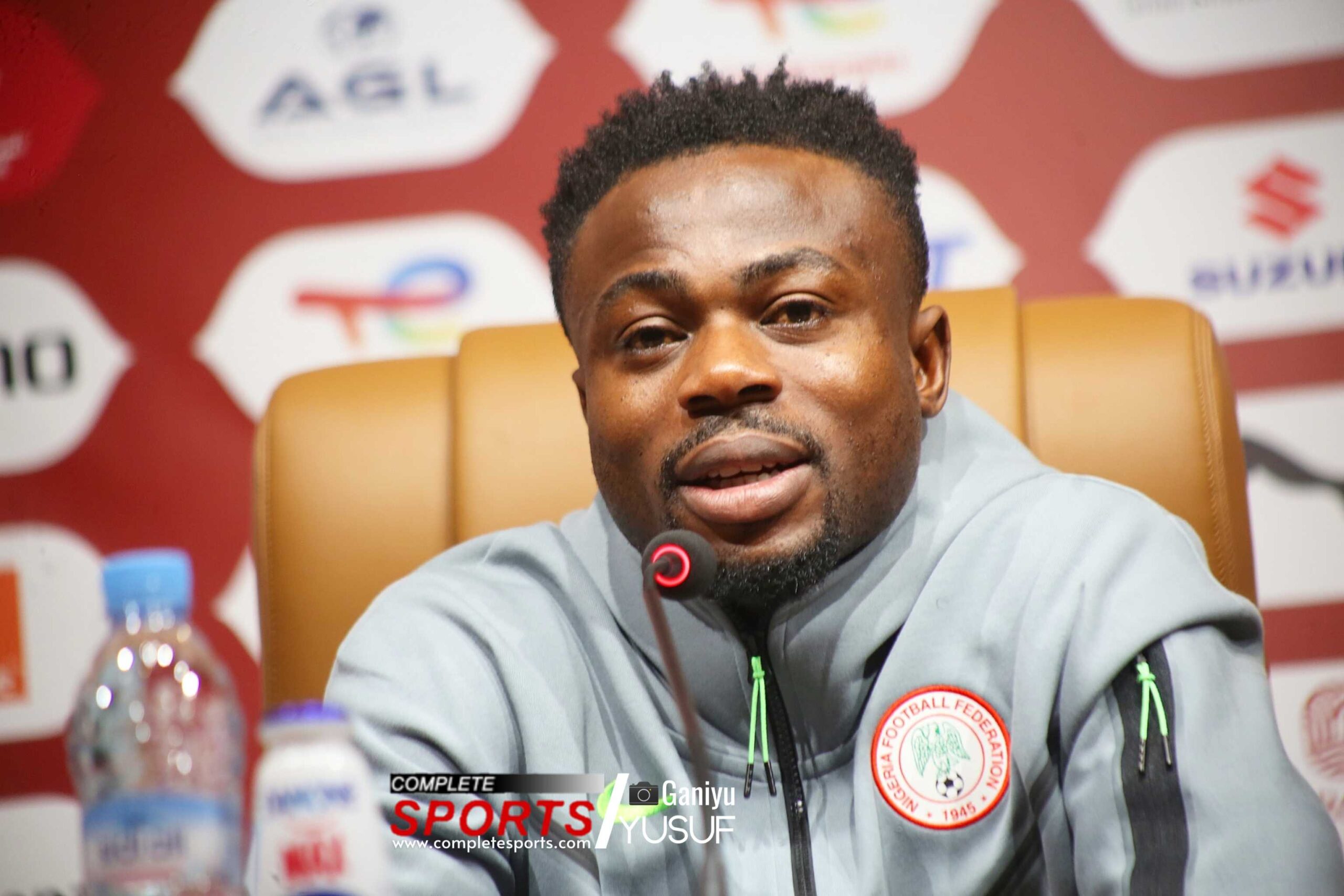 Super Eagles winger Moses Simon at the pre-match press conference ahead of Algeria vs Nigeria in Marrakech. 