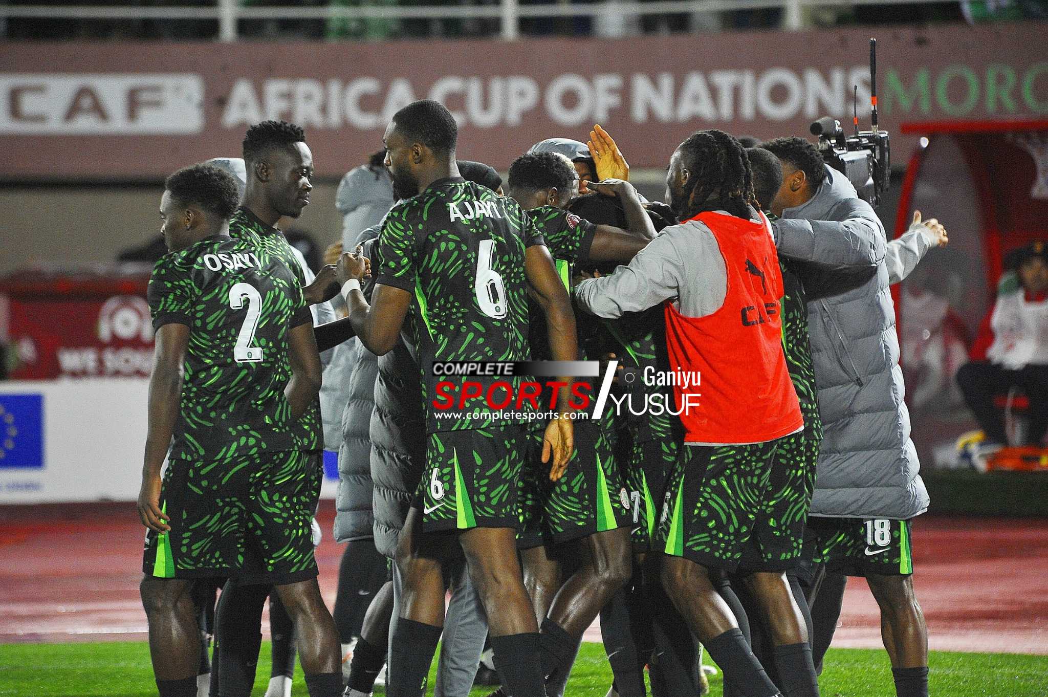 Super Eagles celebrate a goal against Mozambique in AFCON 2025 Round of 16 match in Fez