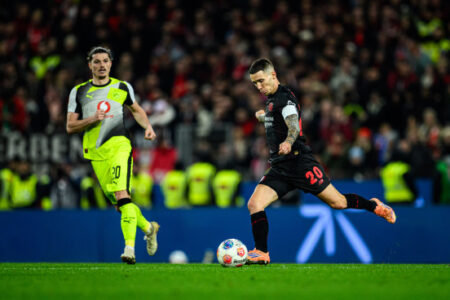 Bundesliga: Matchday 26 Showdown As Bayern Visit Leverkusen, Stuttgart Host Leipzig In Top-Four Battle Bayer 04 Leverkusen defender Alejandro Grimaldo in action during the Bundesliga match against Borussia Dortmund at BayArena, Leverkusen on 29 November 2025