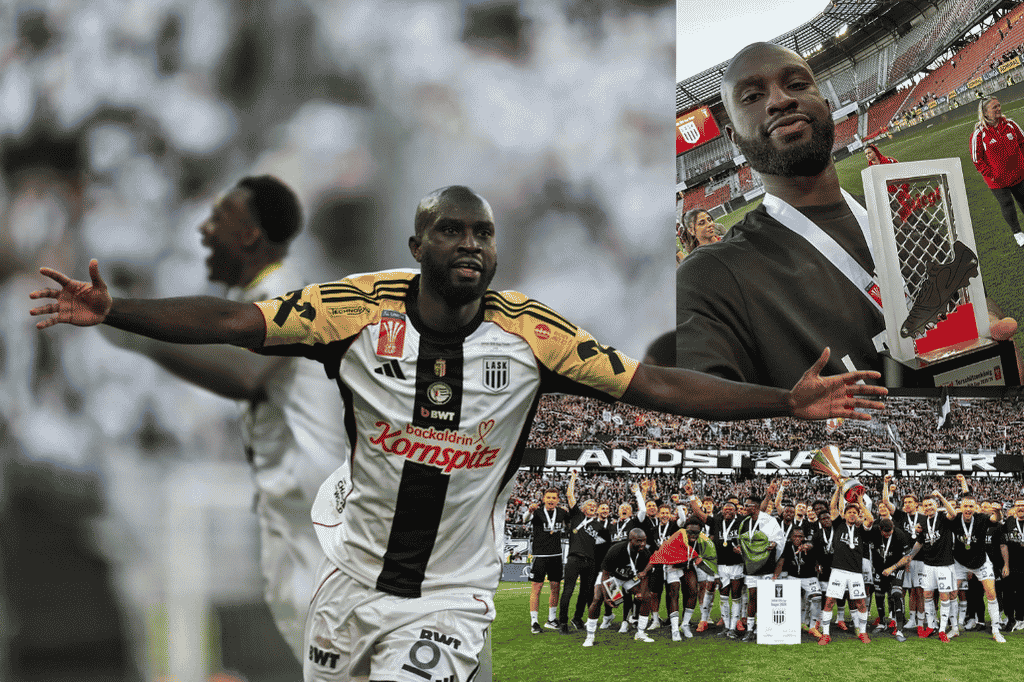 Adeniran celebrates after scoring for LASK in Austrian Cup final