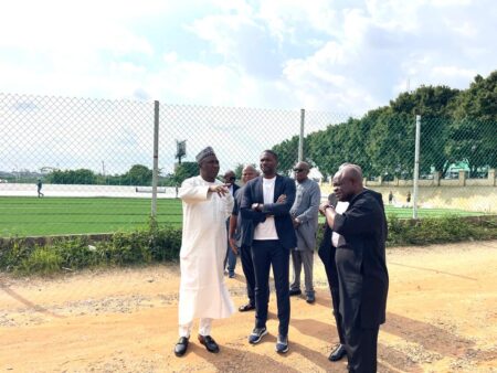 Gusau Earns CAF Chieftain’s Praise Over NFF’s Landmark Legacy Project CAF Acting General Secretary Samson Adamu and NFF President Ibrahim Musa Gusau during the inspection of the NFF-FIFA Players' Hostel and training pitches in Abuja