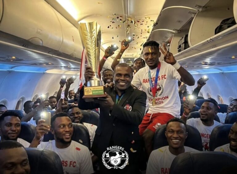 Rangers Will Renew Coach Ilechukwu’s Contract Ahead 2026/27 NPFL, CAF Champions League — GM, Ezeaku Fidelis Ilechukwu celebrates with Rangers players after winning the 2025/26 NPFL title