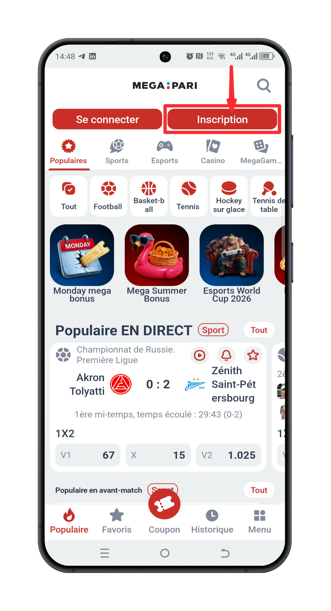 Écran montrant le bouton « Inscription » en haut à droite de la page d'accueil