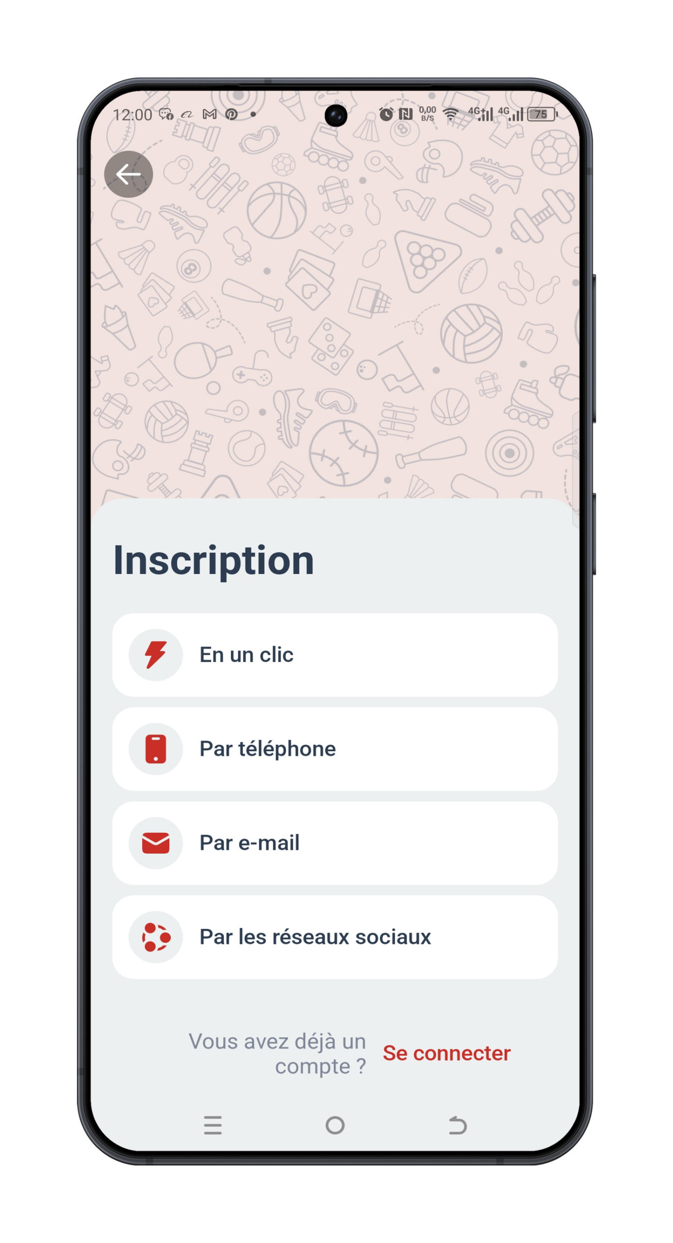 Écran de sélection des 4 méthodes d'inscription sur Megapari
