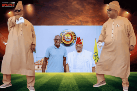 24 Hours With A Governor That Loves Dancing And Football! — Odegbami Governor Ademola Adeleke and Segun Odegbami during their 24-hour meeting in Osogbo discussing football and friendship.