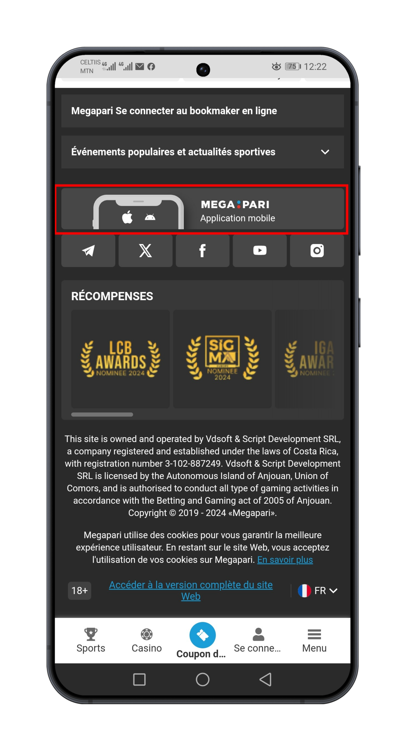 1. Ouvrez Megapari depuis votre navigateur Android