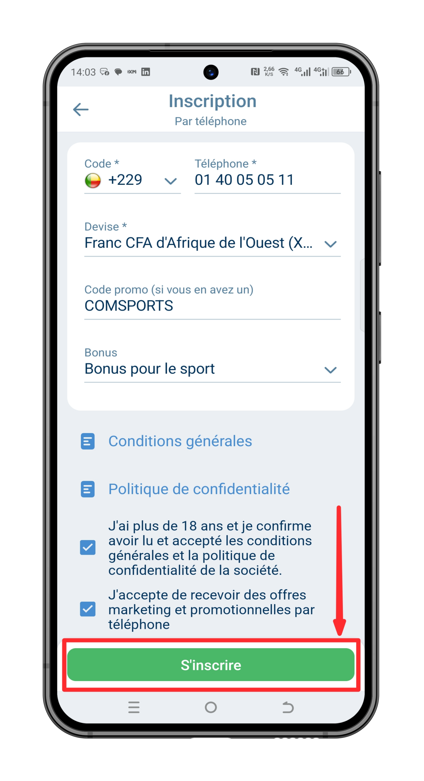 Confirmez l'inscription 1XBET