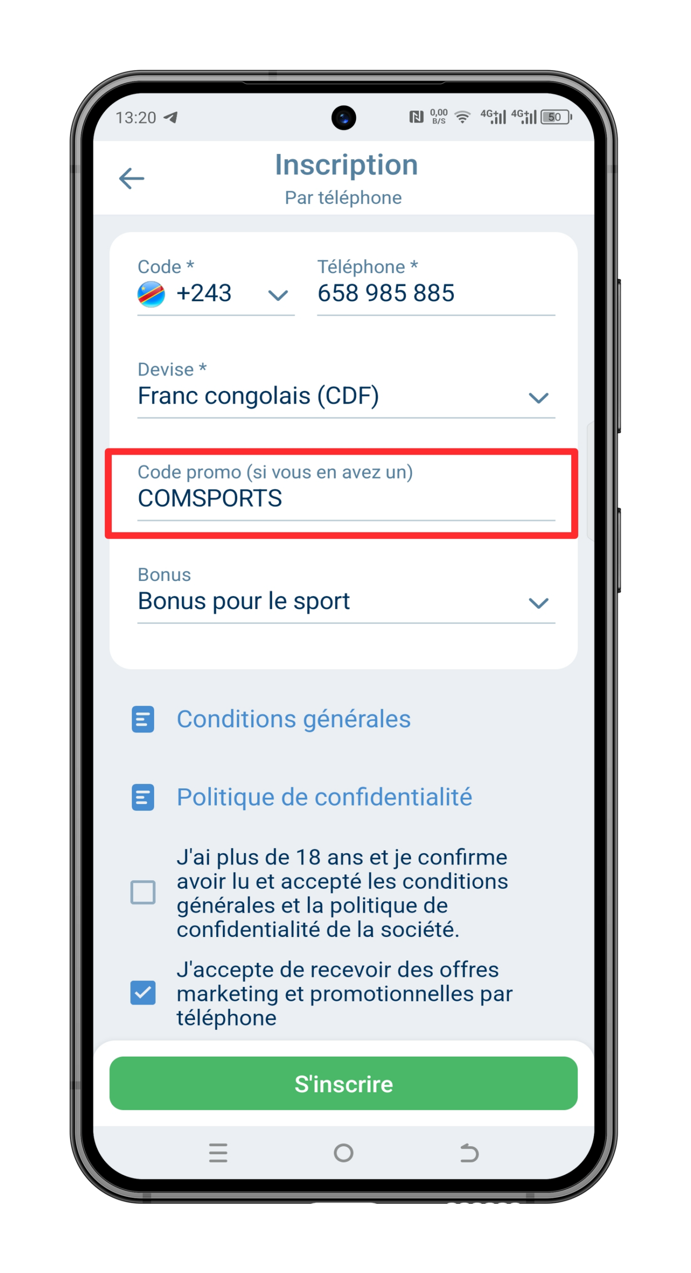 Entrez votre numéro et le code promo 1xBet RDC