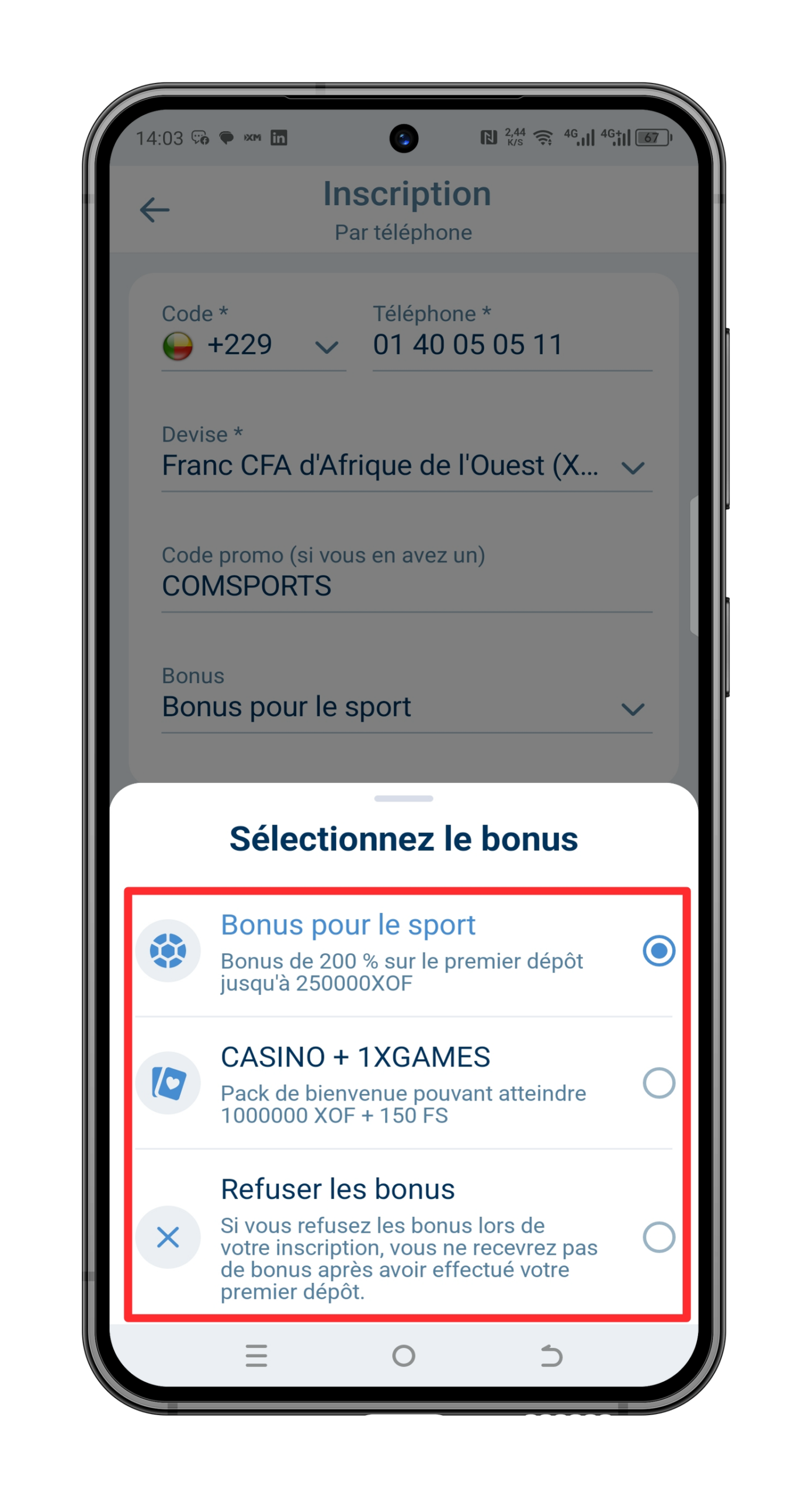 Sélectionnez le bonus 1XBET