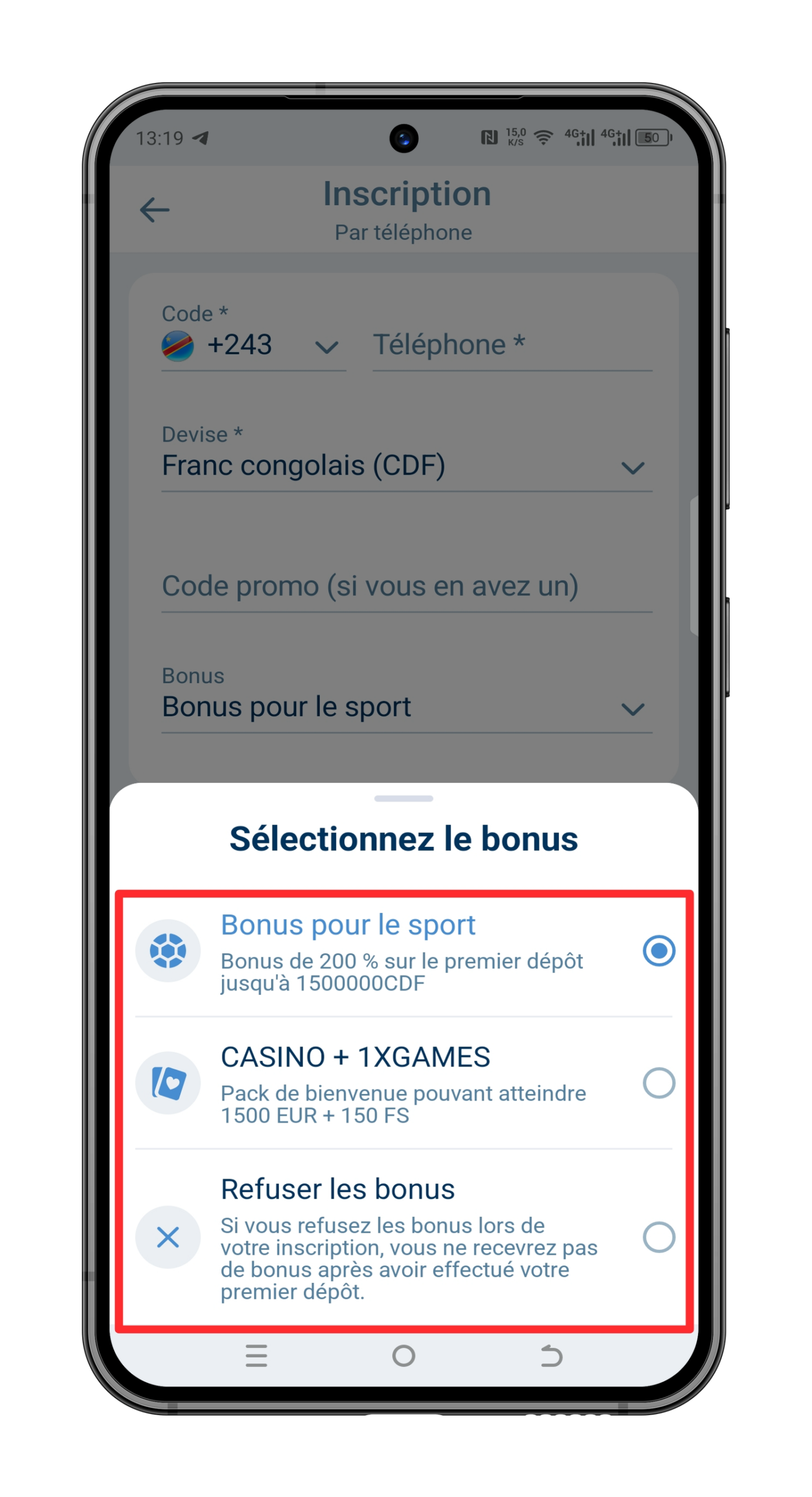 Sélectionnez votre bonus 1xBet