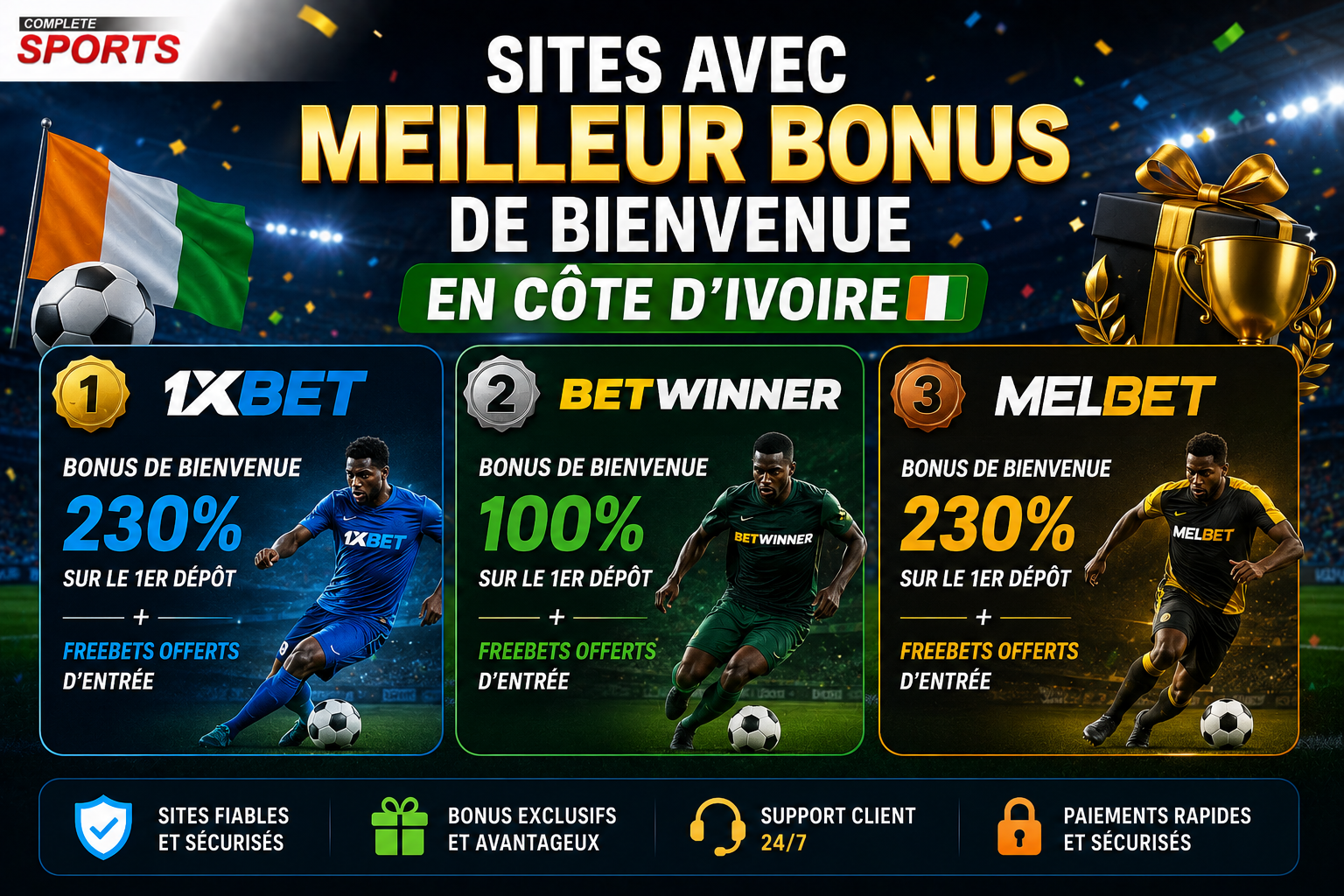 Sites avec meilleur bonus de bienvenue en Côte d'Ivoire