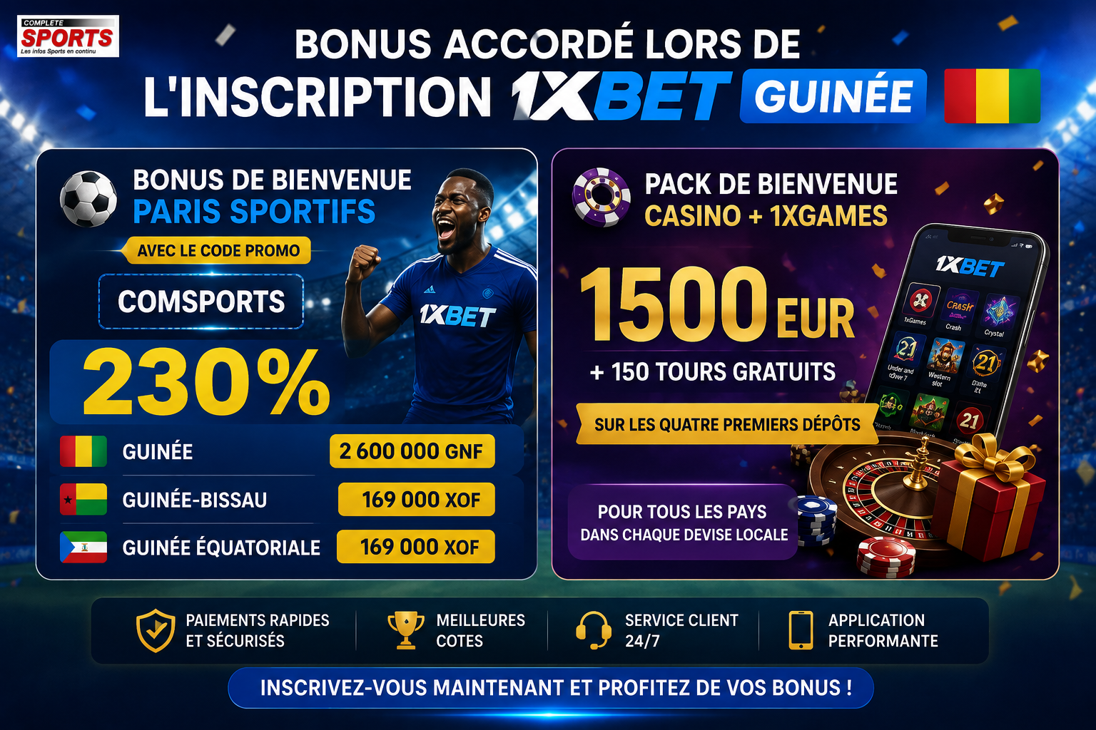 Bonus accordé lors de l'inscription 1xBet Guinée