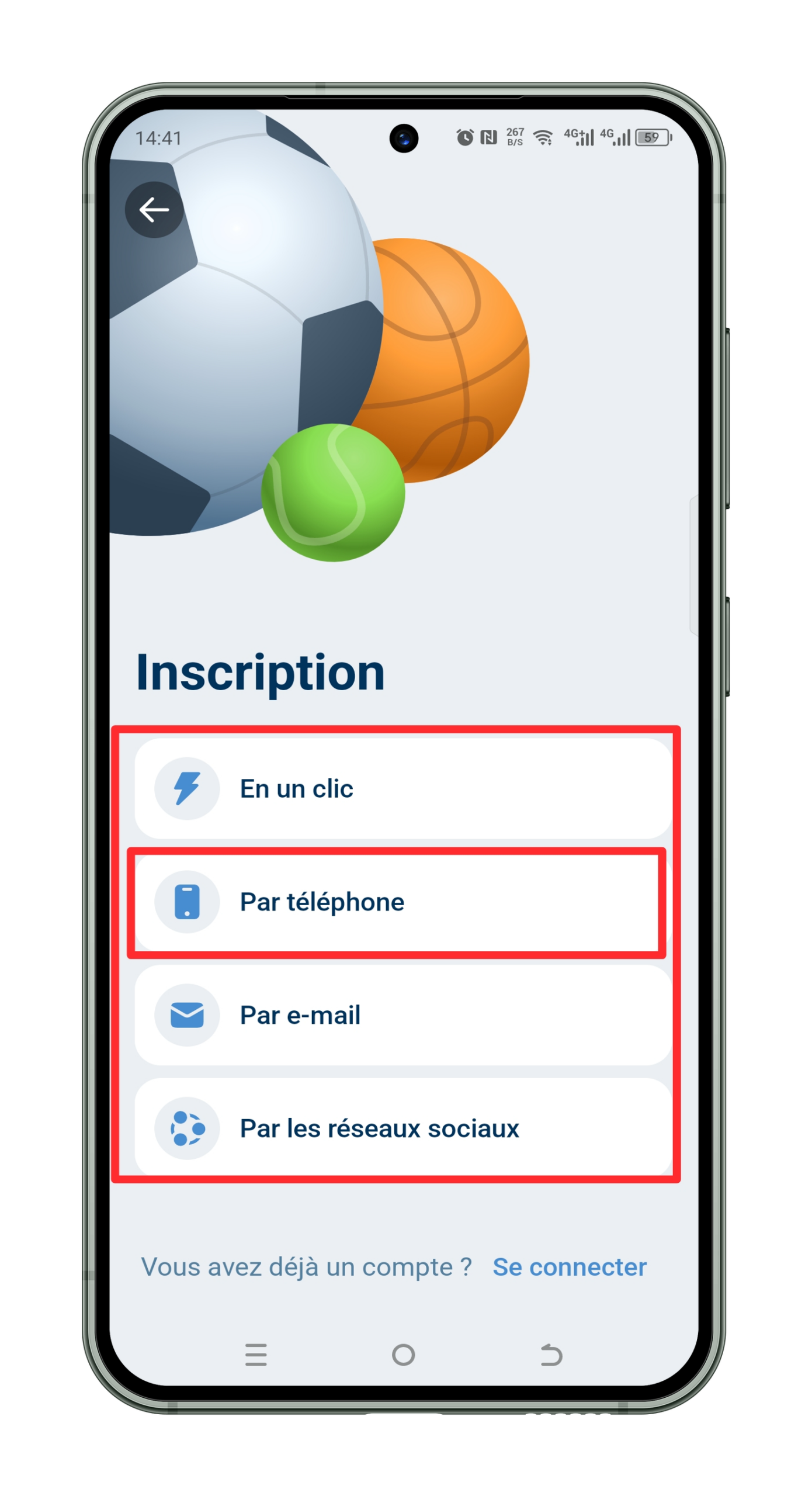 Choisissez la méthode d'inscription 1xbet