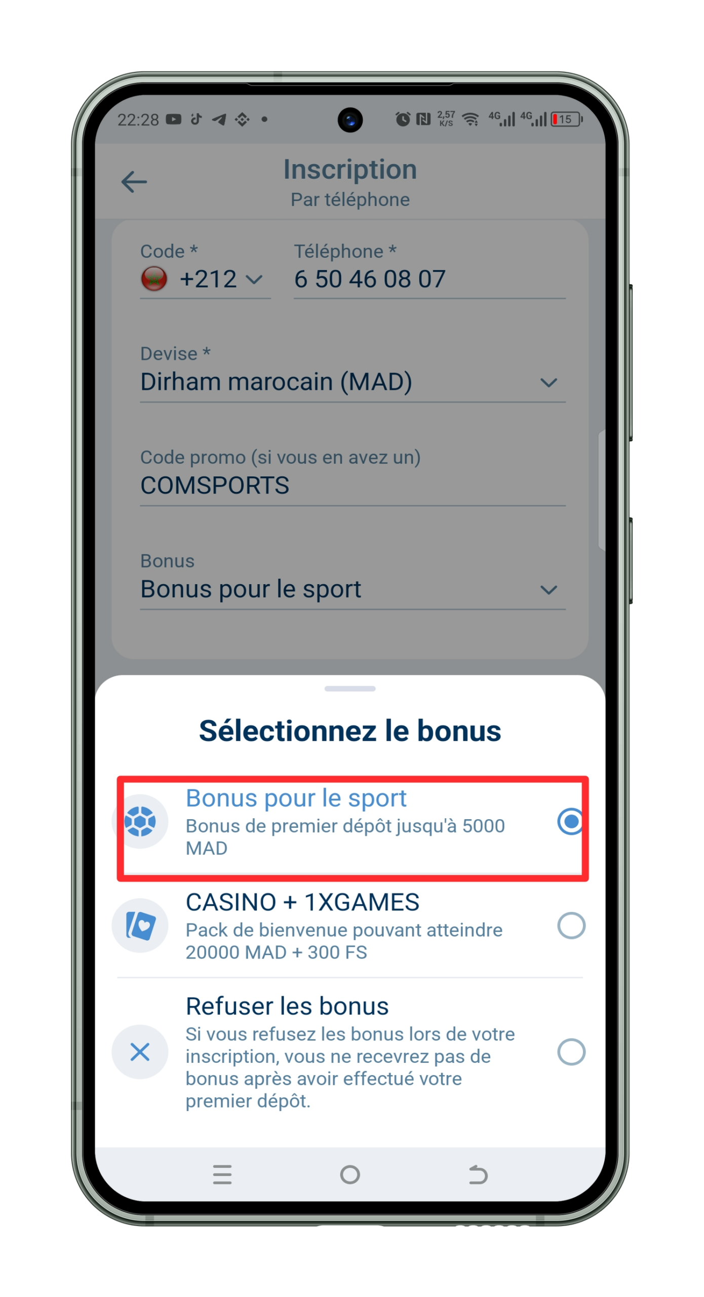 Choisissez le bonus sport 1xbet