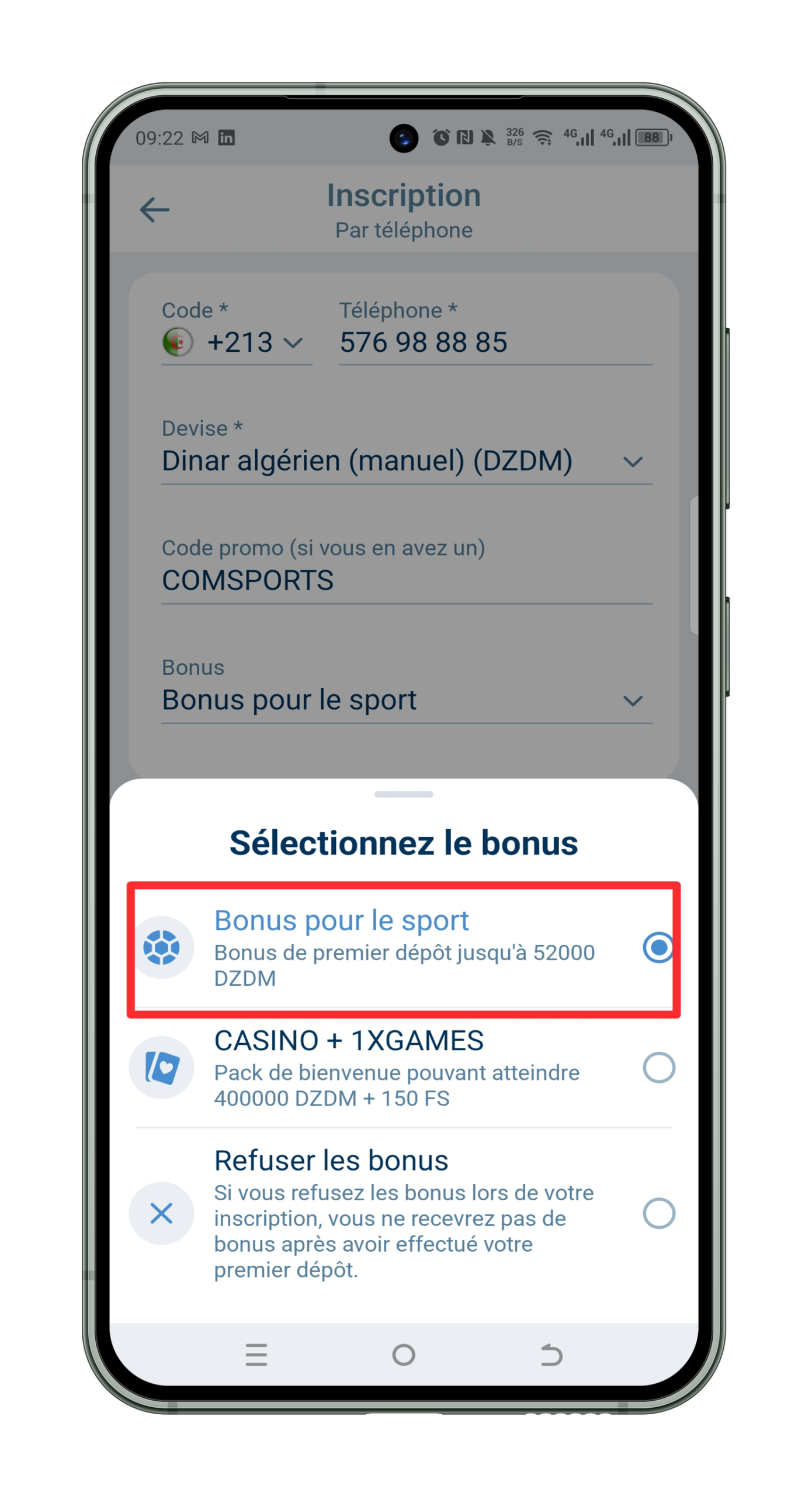 Confirmez la sélection de votre bonus 1xbet