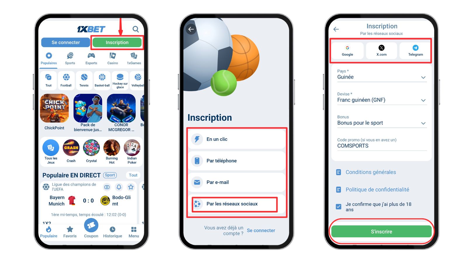 Inscription 1xbet Par réseau social