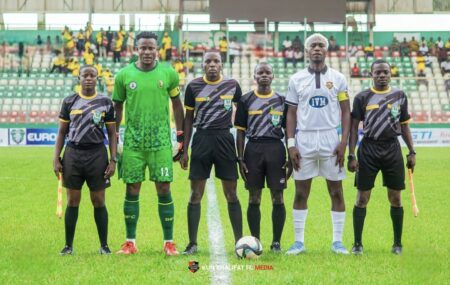 Euromatch–NPFL: Obasogie Delighted With Winning Return For Bendel Insurance Against Kun Khalifat Amas Obasogie Captain of Bendel Insurance and Joseph Ameh the Captain of Kun Khalifat meet the match of official before their Euromatch–NPFL clash in Benin City
