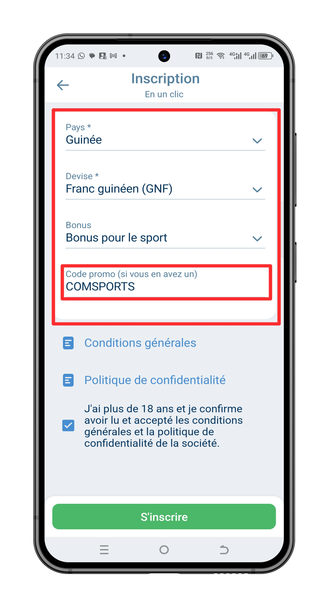 Renseignez les informations et le code promo COMSPORTS