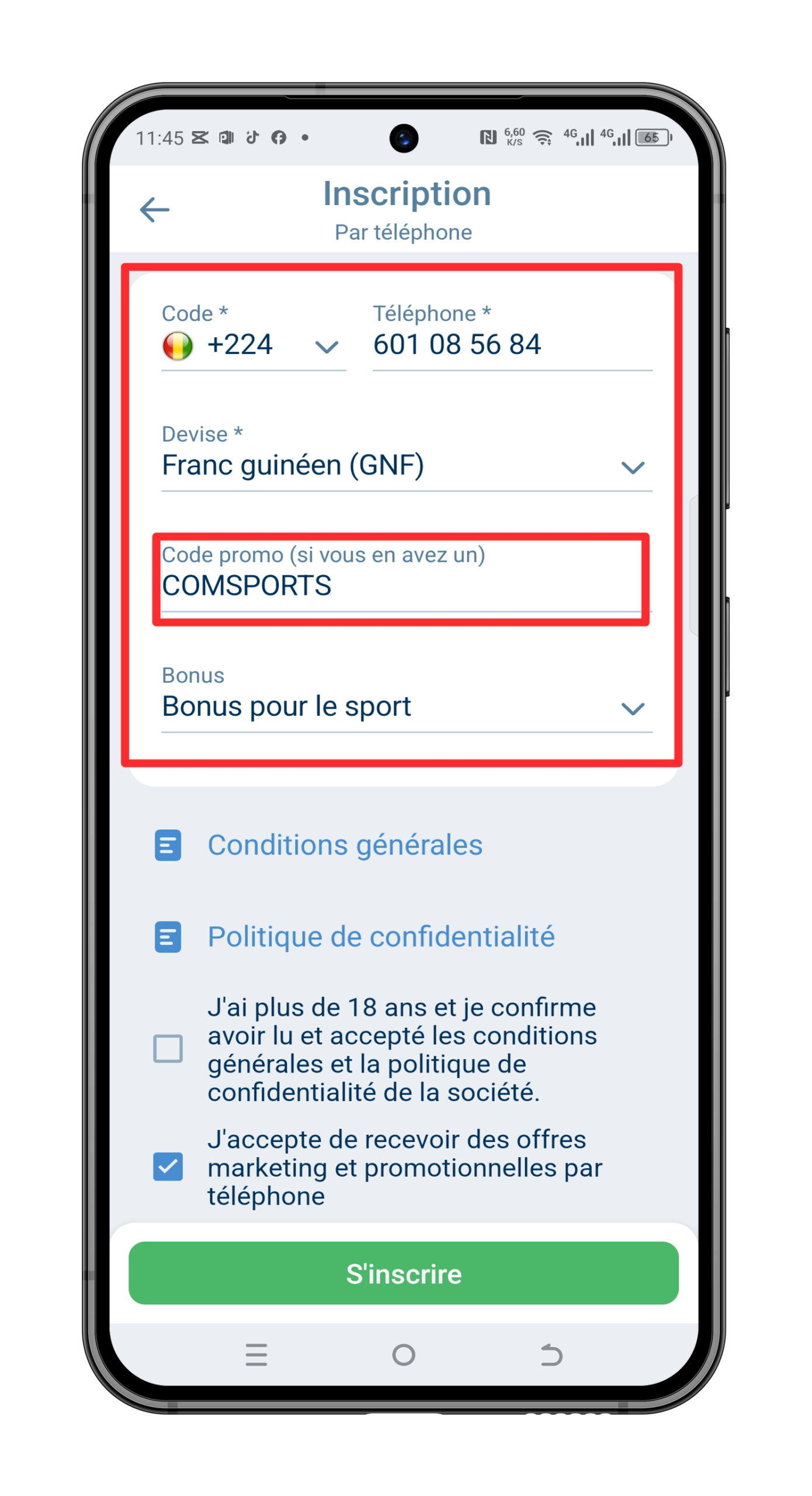 Renseignez votre numéro et le code promo 1xBet Guinée