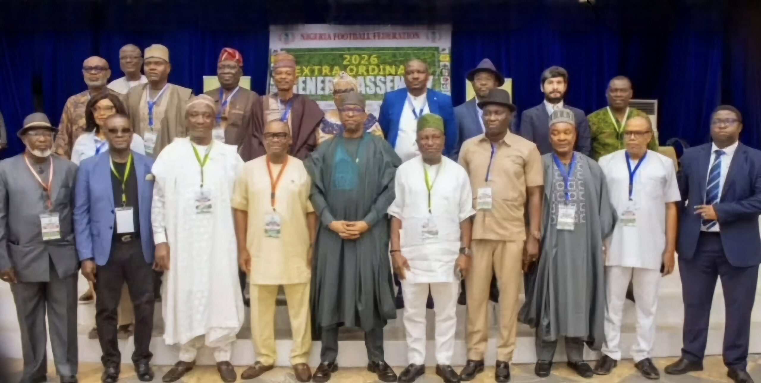 Chairman, National Sports Commission Mallam Shehu Dikko and officials of the NFF pose for photo during the Federation's Extraordinary General Assembly in Yenagoa.
