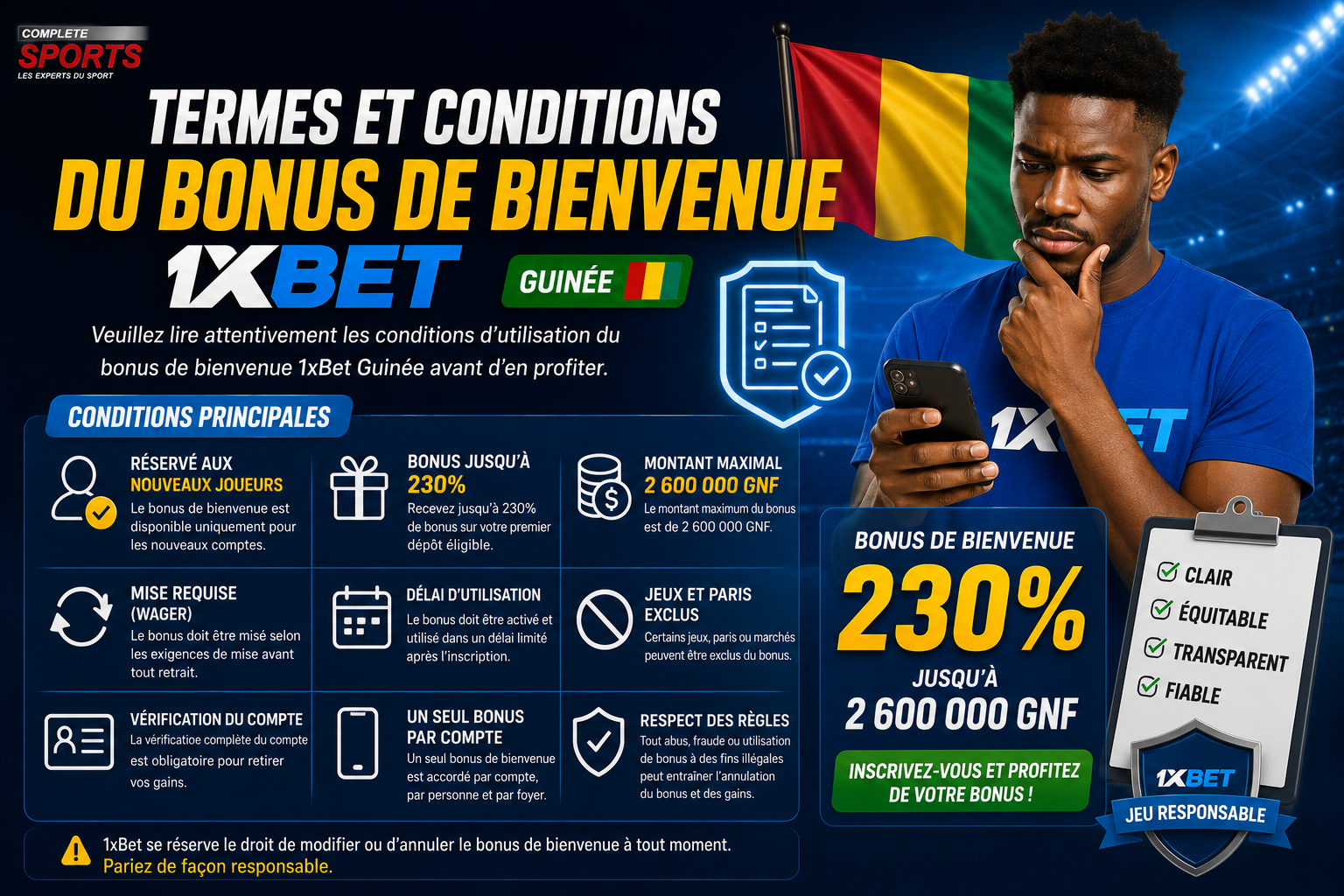 Termes et conditions du bonus de bienvenue 1xBet Guinée