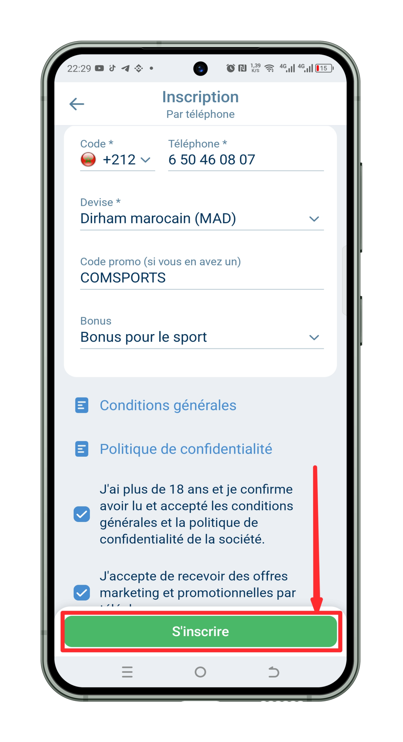 Validez la création de votre compte 1xbet