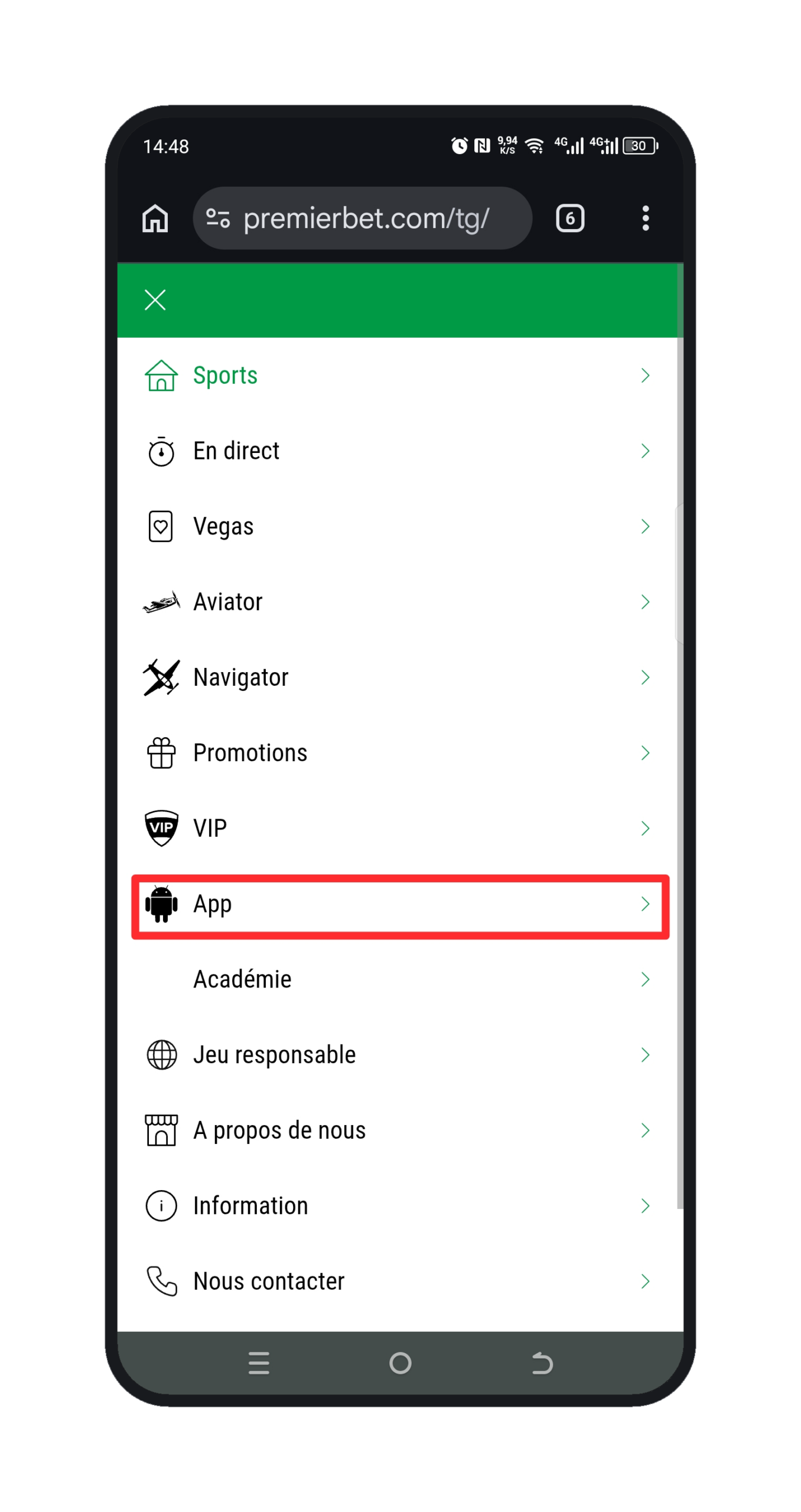 Cliquer sur le bouton « App Premier Bet »