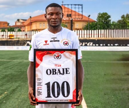 EUROMATCH–NPFL: Obaje Targets CAFCL Glory Before Retirement After Hitting League 100-Goal Mark Godwin Obaje celebrates after reaching 100 NPFL goals for Rangers