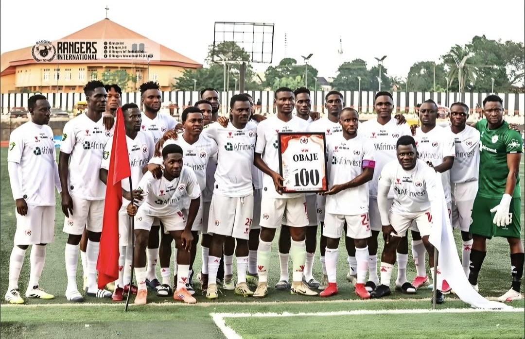 Godwin Obaje celebrates with teammates after reaching 101 NPFL goals for Rangers