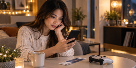 Six Holiday Entertainment Categories And Their Payment Patterns Woman checks her phone in a cozy room