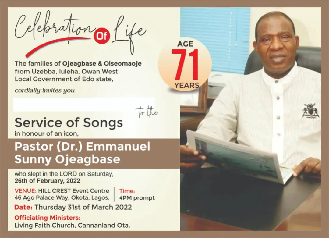 SERVICE OF SONGS FOR PASTOR (DR.) EMMANUEL SUNNY OJEAGBASE, FOUNDER & EXECUTIVE CHAIRMAN OF COMPLETE SPORTS & SUCCESS DIGEST.